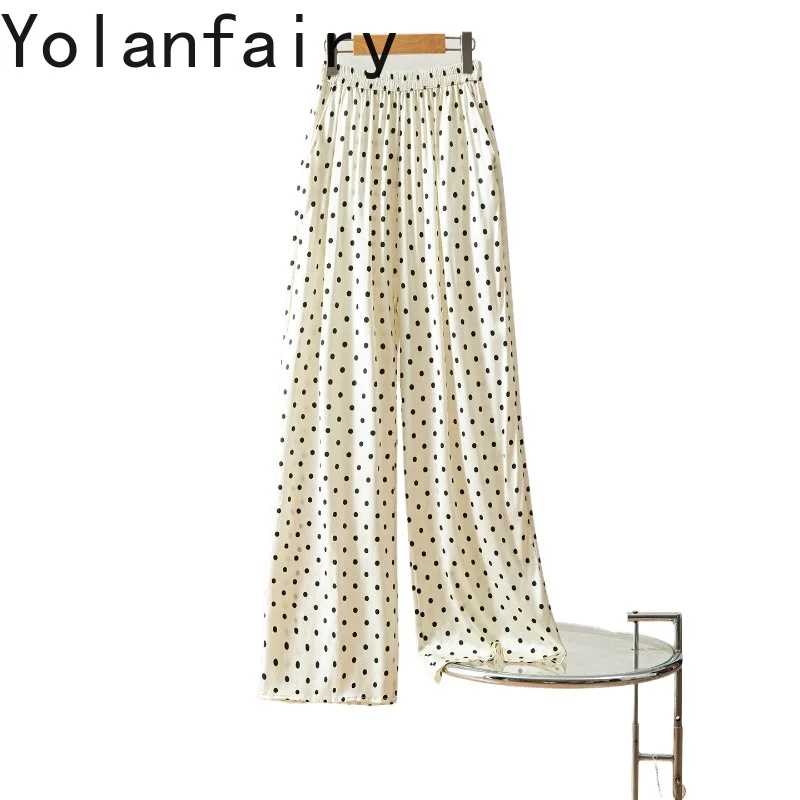 

YOLANFAIRY2026 Модные женские брюки из 93% натурального шелка тутового шелкопряда, летние, в корейском стиле, в горошек, повседневные, с высокой эластичной талией, атласные брюки