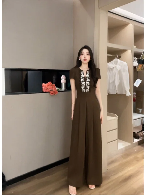 

Retro Printed Embroidered Lace Patchwork Design V-neck Brown Jumpsuit Women Summer High-waisted Slim Versatile Wide-leg Jumpsuit