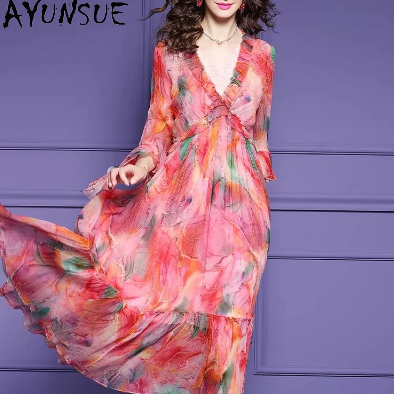 AYUNSUE 100 % natürliche Maulbeerseide, Damenkleid, elegante Kleider für Damen, Sommerkleidung, modisches langes Kleid, Damenkleid