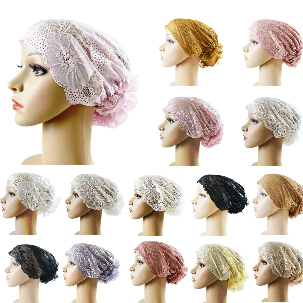 Lace Underscarf Turban Women Muslim Inner Hijab Beanie Bonnet Flower Ninja Cap Hair Loss Cover Headscarf Wrap Ninja Hat Undercap