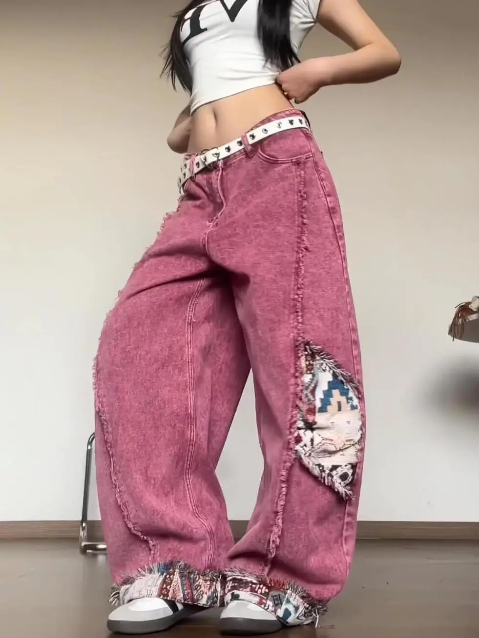 ผู้หญิงRusty Red Cargoกางเกงยีนส์Y2KอเมริกันHarajuku High Street 90S Streetwear Retroแฟชั่นกางเกงยีนส์ขากว้างกางเกงเสื้อผ้า 2025