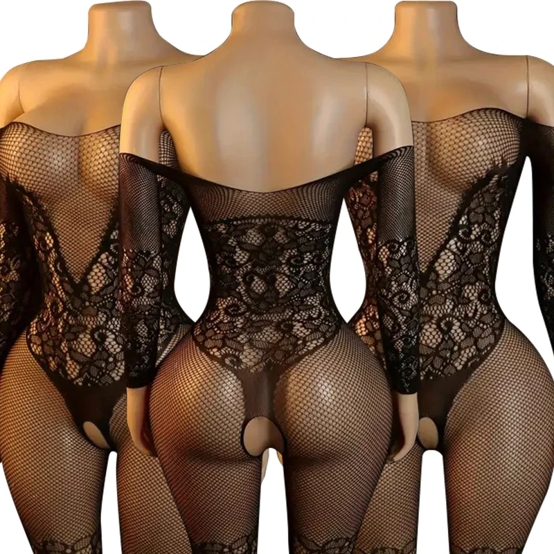 Erotic Crotchless Lingerie Full Sleeve Bodystockings Mesh Transparent Underwear Sets Sexy Fishnet Hollow Bras Body Suits Women