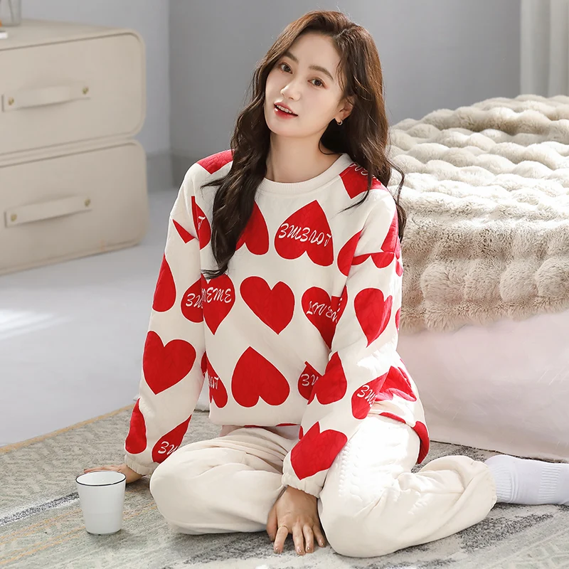 Newest Winter Women Pajamas Set M-4XL Air Clip Cotton Sleepwear Long Sleeve Casual Homewear