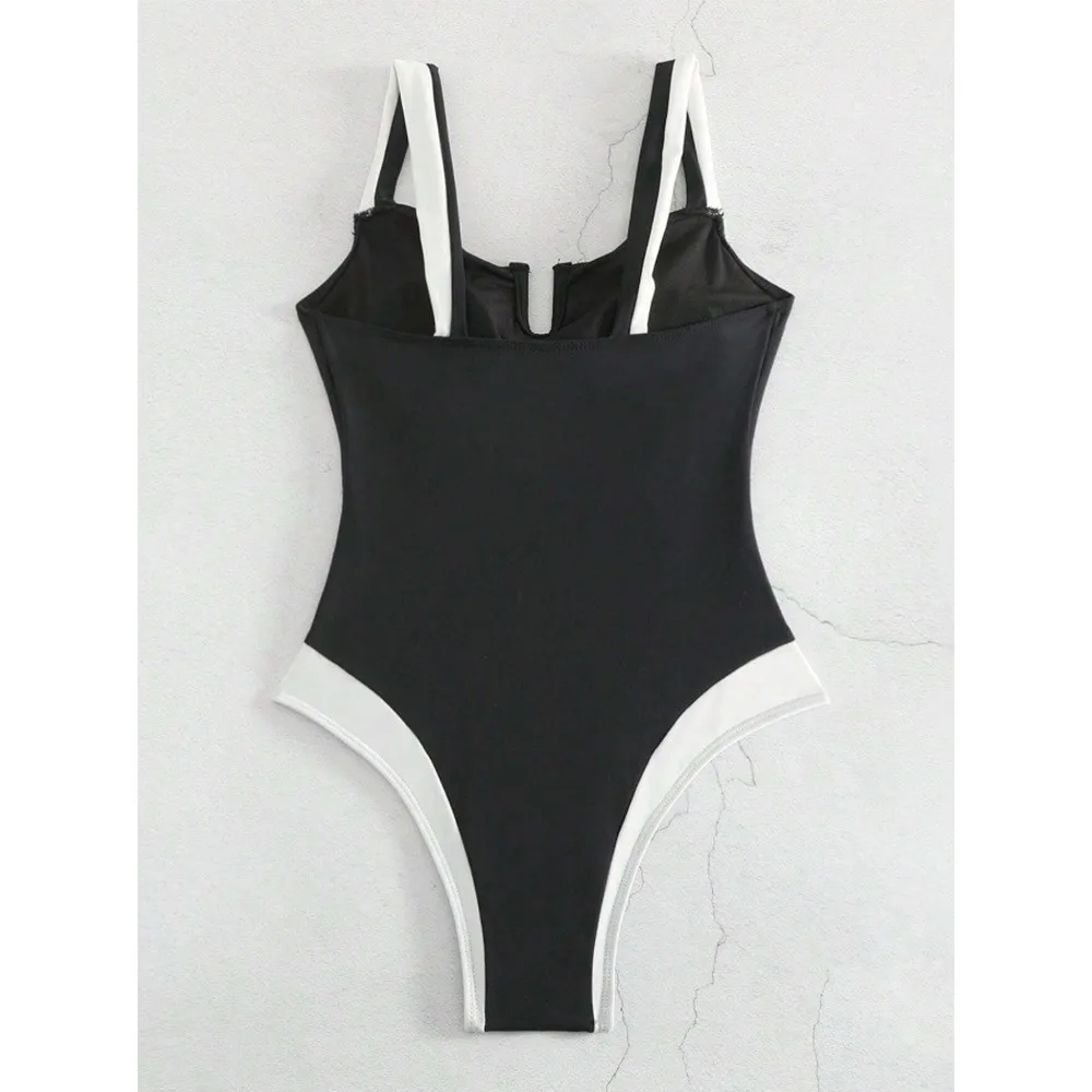 2026 Bikini Woman Tankini Deep V Neck Bikinis Black And White High Cut Leg Swimsuit Ruched Bust Swimwear Women's Tankinis view 4
