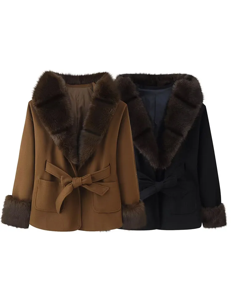 

HH Women's Winter New Fashion Versatile Fur Collar Hooded Woolen Jacket Female Chic Waist Tie Pockets Decoration Warm Short Coat