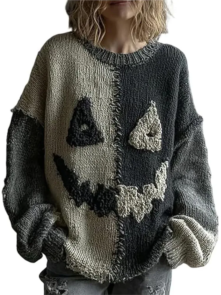 New Women Sweatshirts Halloween Patchwork Spooky Face Printed Hoodie Autumn Winter Fashion Long Sleeves Loose Knitting Clothes