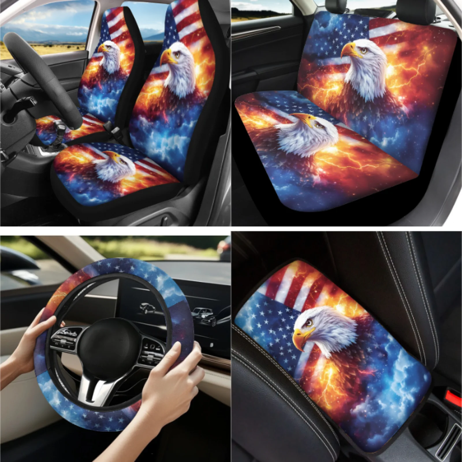 Coloranimal Eagle US Flag 13 Pack Car Seat Cover Set with Breathable Lipstick Cover and Armrest Cover for Universal Fit