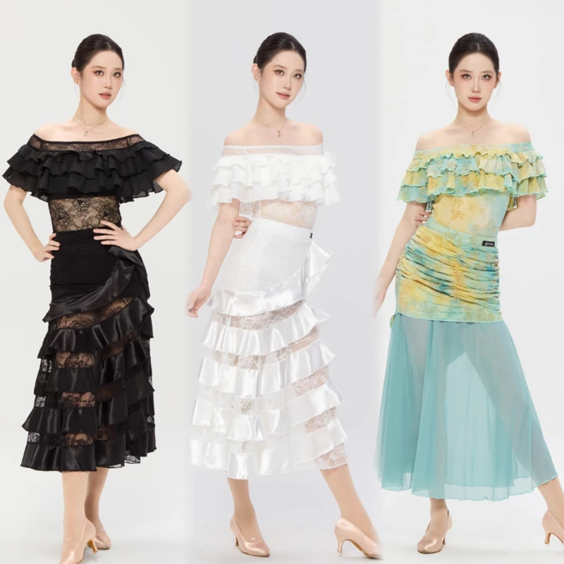 

Adults Latin Dance Competition Costume Off Shoulder Ballroom Dance Suits Women Waltz Modern Dancing Dresses Stage Wear SL15692