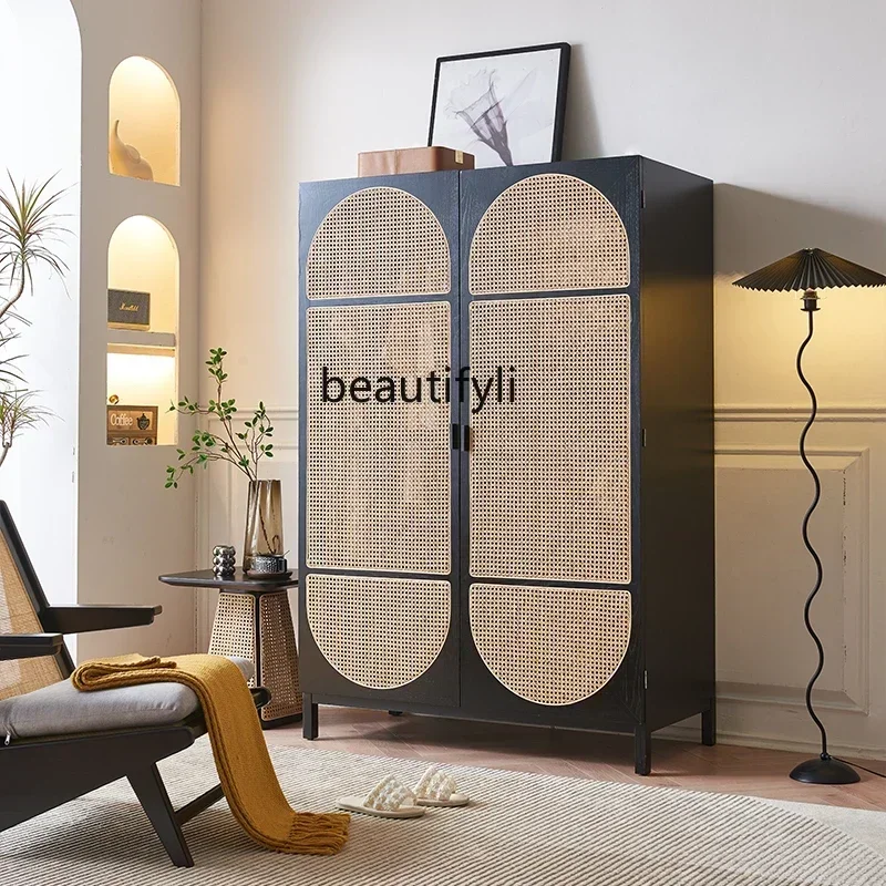 

07Solid Wood Rattan Storage Wardrobe Simple Modern Retro Cabinet Bed & Breakfast Bedroom Double Door Clothing Cabinet