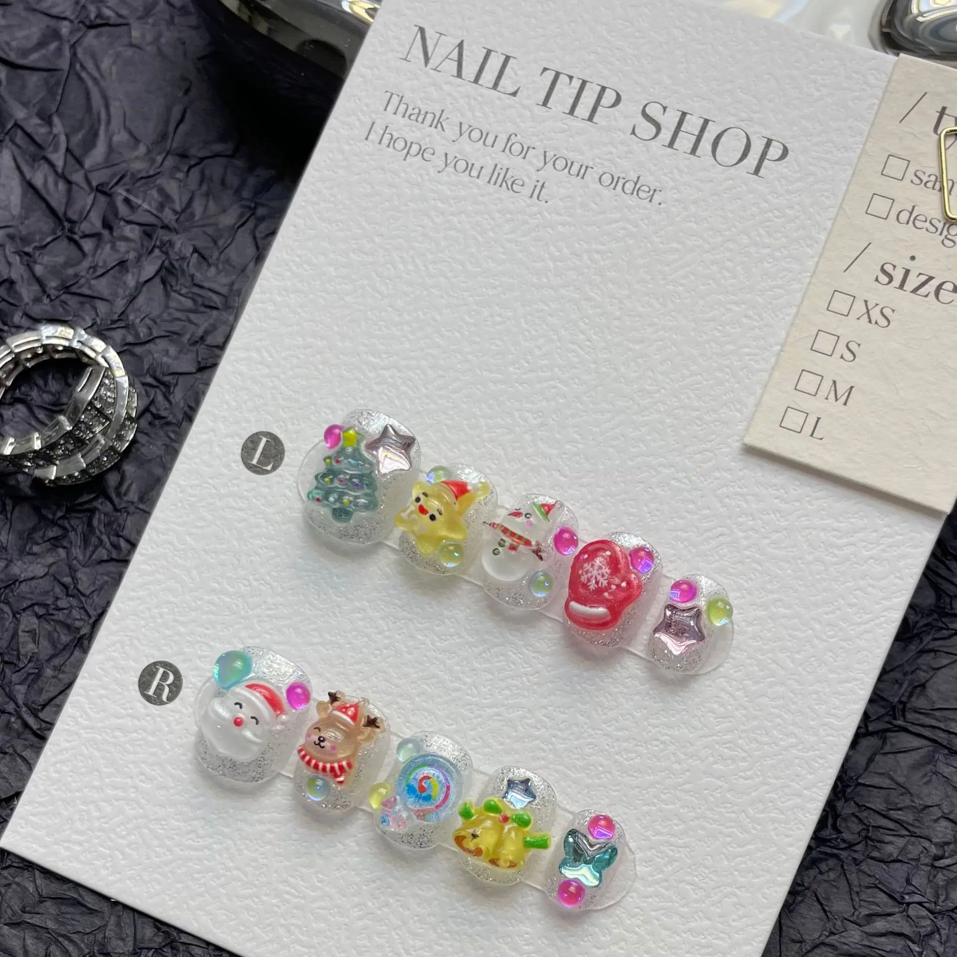 

10 PCS Luxury Handmade Press on Nails Short Oval Christmas Day Design with 3-PIECE Tool Adhesive Nail Glue Tabs