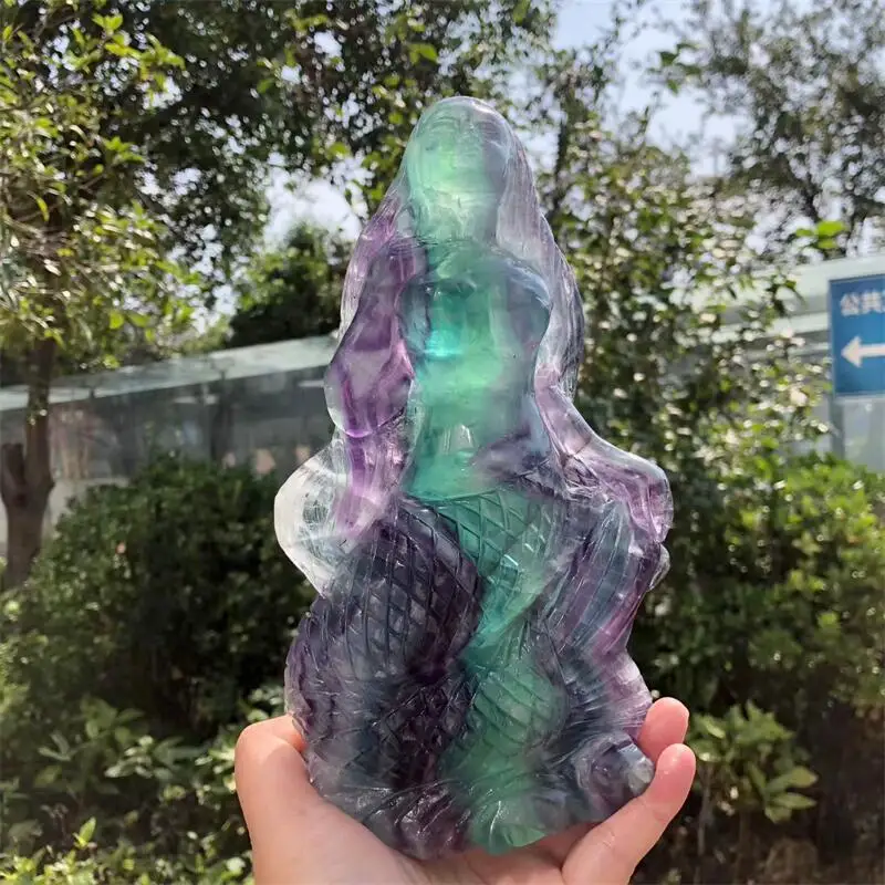 Natural Fluorite Mermaid Carving Healing Fengshui Crystal Craft Home Decoration Ornament Holiday Gift 1pcs