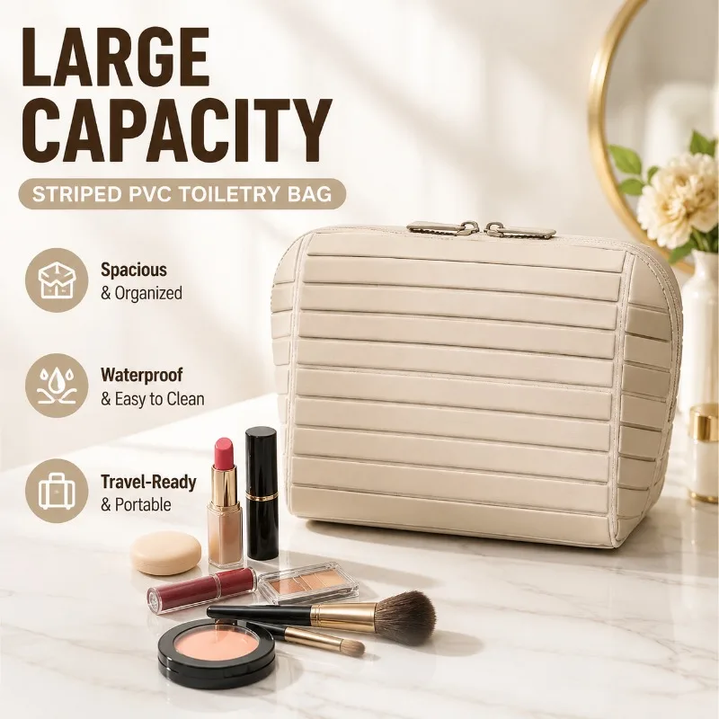 Large Capacity Striped PVC Toiletry Bag, Travel Cosmetic Organizer Pouch with Multiple Compartments, Waterproof Portable Makeup