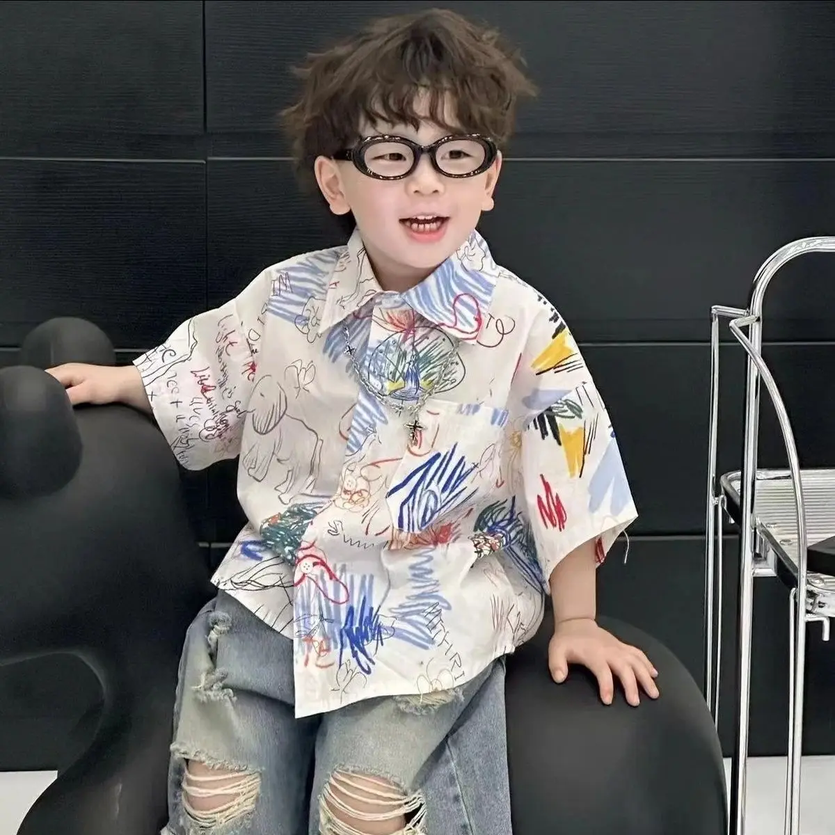 New Summer Kid Baby Clothes Suit Children Boys Fashion Graffiti Shirt +Hole Denim Shorts 2Pcs/Sets Toddler Kids Birthday Outfits