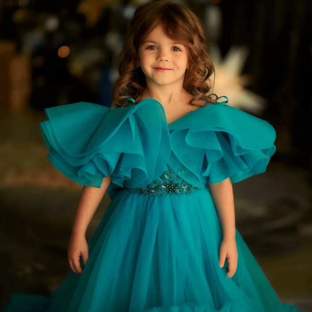 

Custom Flower Girl Dress in Teal with Tulle Layers, Rhinestone Short Sleeves, Wedding and Party Princess Dress