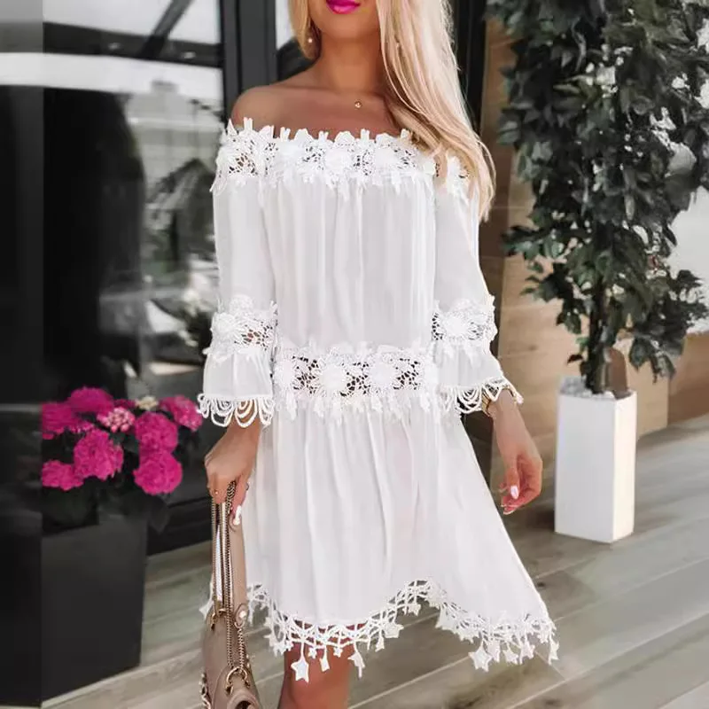 Summer Lace Dresses for Women Solid Slash-neck Hook Flower Hollow Long Dresses Vintage Elegant Chest Wrapping Sexy Dress Women