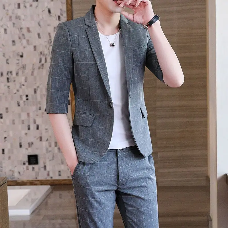 H118 Spring and Autumn Men's Suit Set Plaid Business Professional Slim Fit Groomsmen Dress