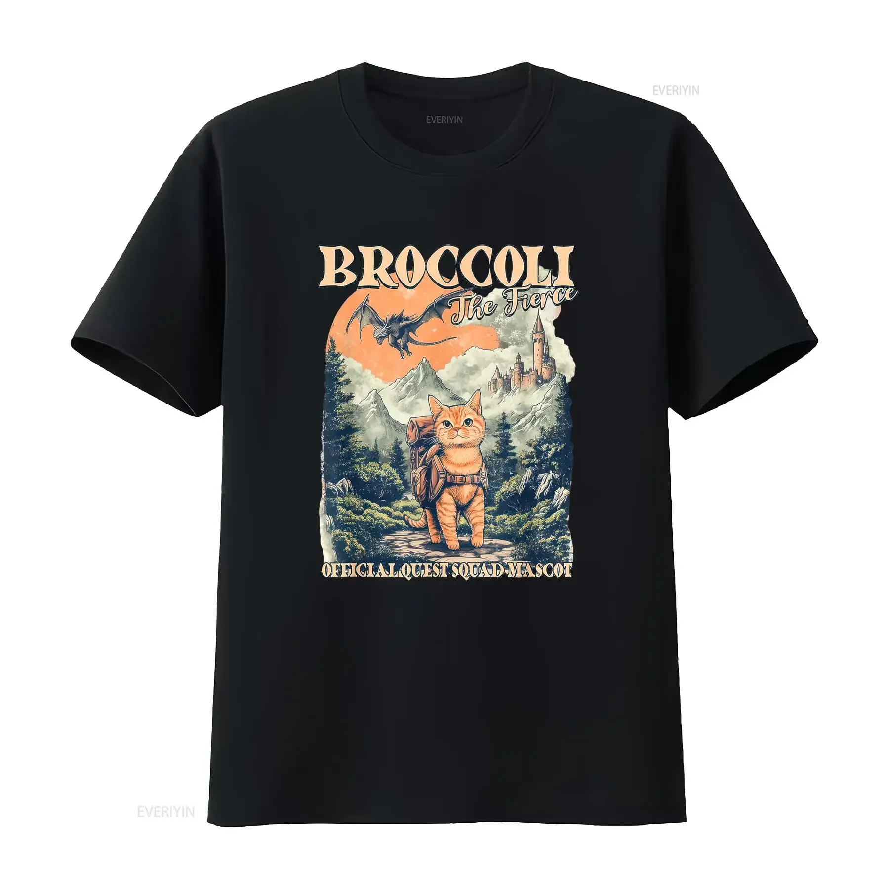 Vintage Fantasy Adventure Orange Cat Broccoli The Fierce Dragon Castle Quest Squad Mascot Print Casual T Shirt vintage Washed