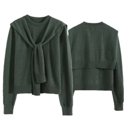 Dave&Di 2024 Winter Minimalist Fake Two piece Green Knitted Tops Round Neck Casual Sweaters Women Pullovers
