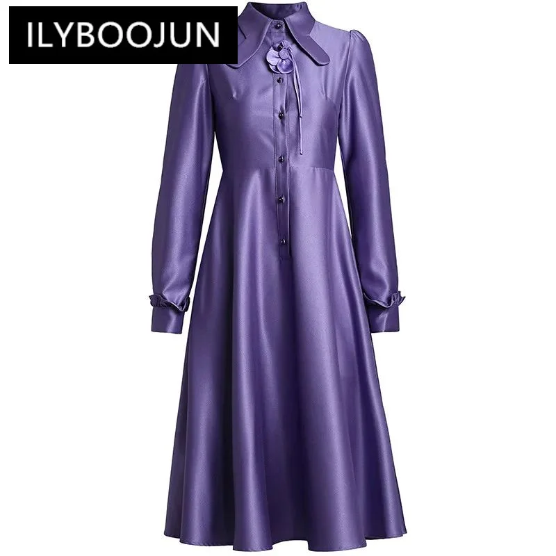 

ILYBOOJUN Fashion Women's New Elegant Chic Shirt Collar Purple Flower Long-Sleeved Single-Breasted Office Lady Pretty MIDI Dress