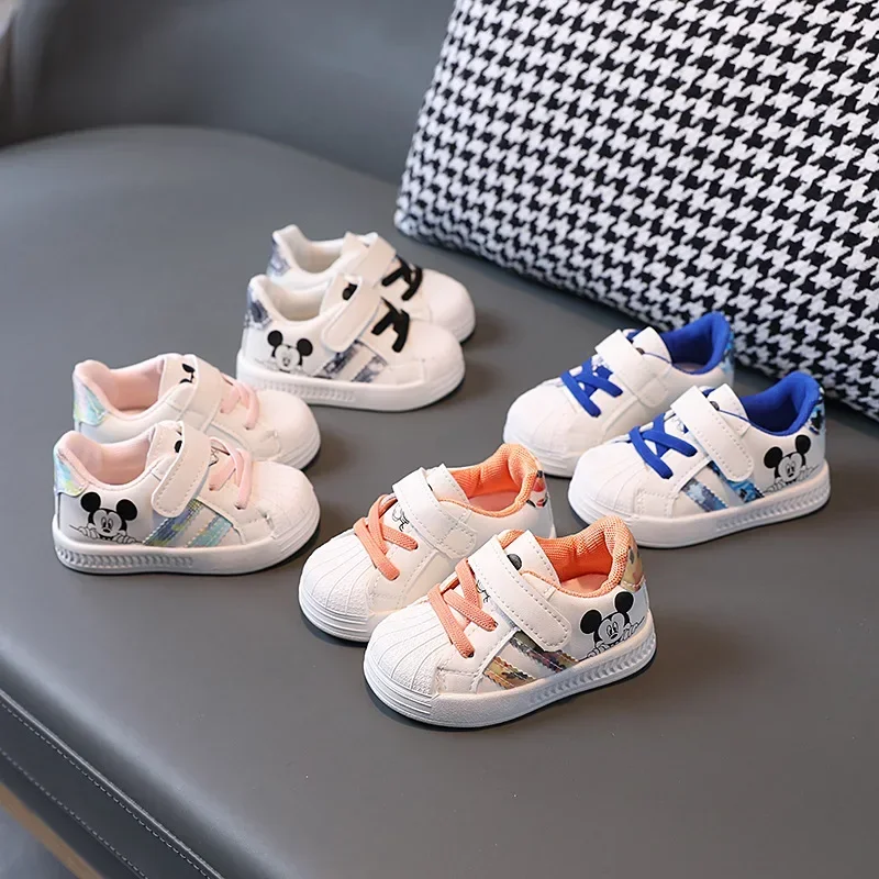 Disney White Casual Shoes For Baby Boy Girl Brand Children Sneaker Mickey Mouse Kids Shoes Toddler Walking Shoes Size 15-25