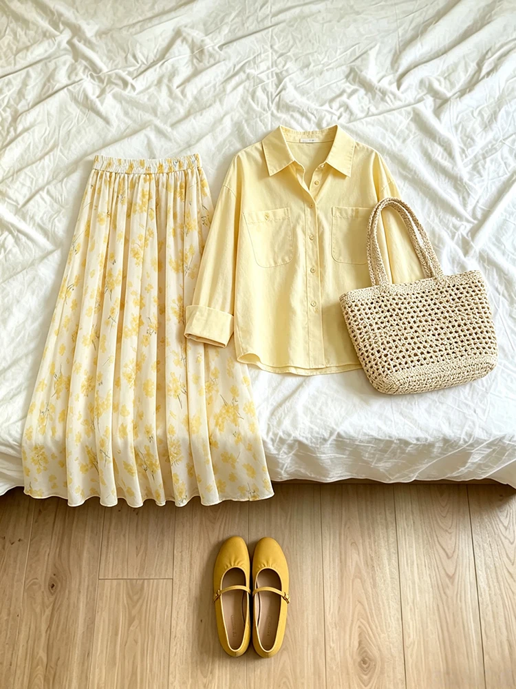 

Dopamine Boosting Yellow Sun Protection Shirt Floral Print Half Skirt Two Piece Set Women's Summer Bright Personality Outfit