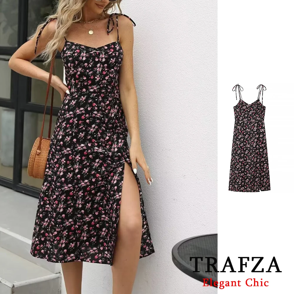 TRAFZA French Vintage High Waisted Floral Women Dress Fashion 2024 Summer Cami Midi Dress Beach Party Holiday Evening Dress