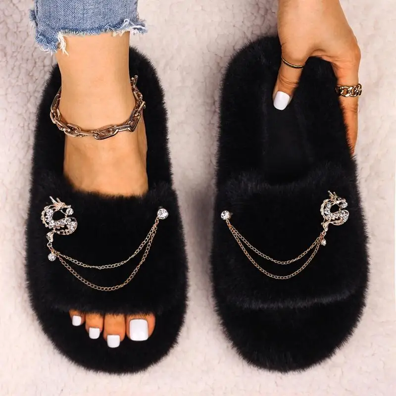 Luxury Rhinestones Dragon Chain Decor Winter Shoes for Women Fluffy Slippers Furry Indoor Slides Open Toe House Sandals Shoes