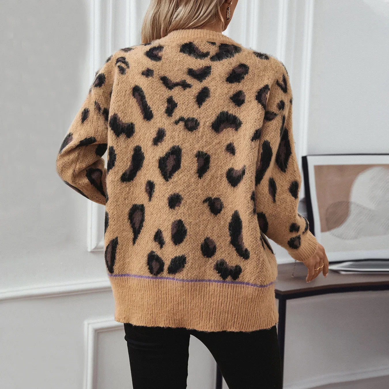 Women Leopard Print Sweaters Long Sleeve Knit Pullovers Round Neck Thick Jumpers Warm Casual Slight Strech High Street