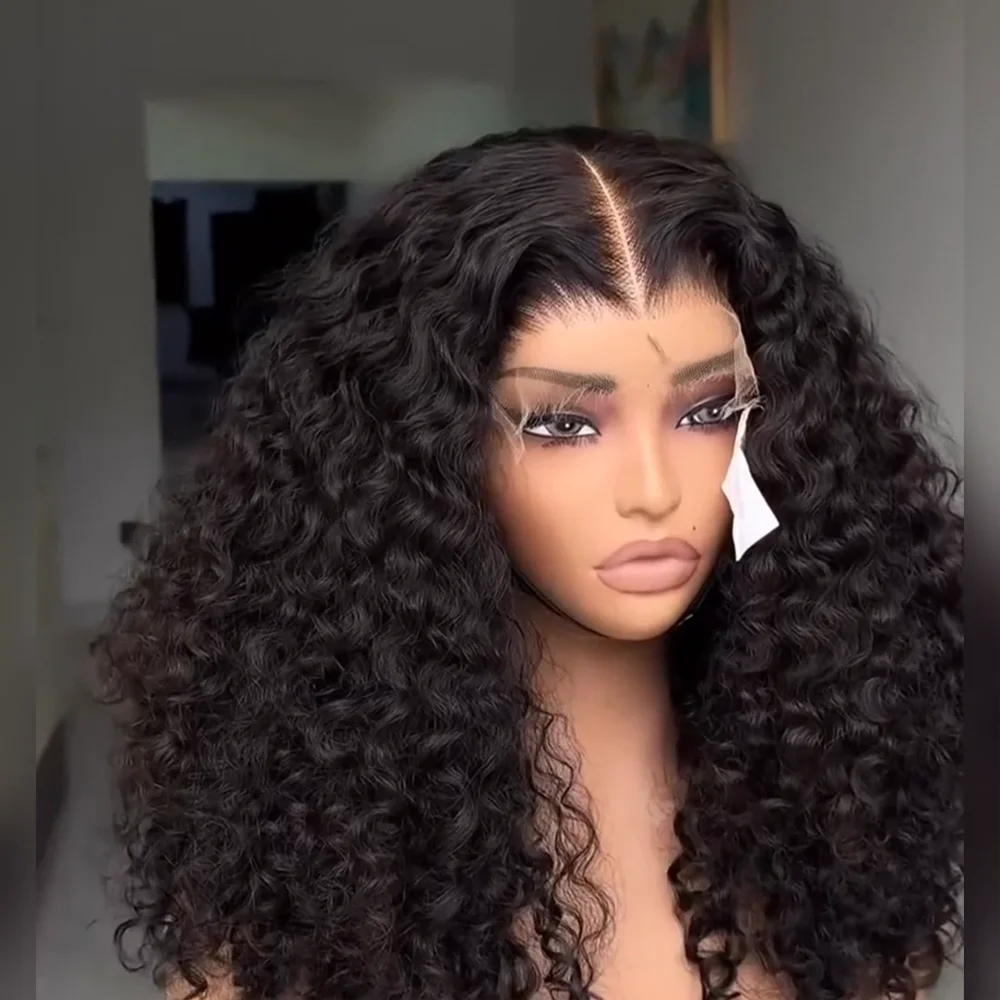 شعر مستعار ناعم طويل أسود طبيعي 180 كثافة غريب مجعد باروكة أمامية من الدانتيل للنساء مع شعر أطفال اصطناعي بدون صمغ يوميًا