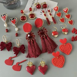 AENSOA Vintage Red Enamel Heart Pearl Drop Earrings for Women Elegant Geometric Bowknot Hanging Earrings Holiday Jewelry Gift