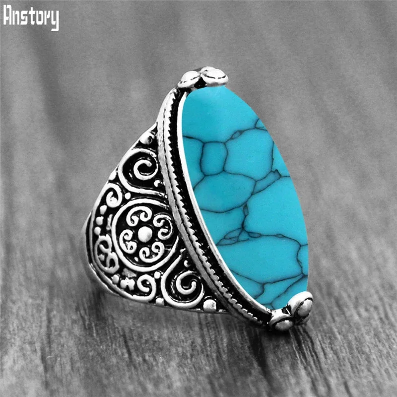 5 Colors Flower Band Oval Synthetic Turquoises Rings For Women Vintage Look Antique Silver Plated 5 Colors Fashion Jewelry TR362