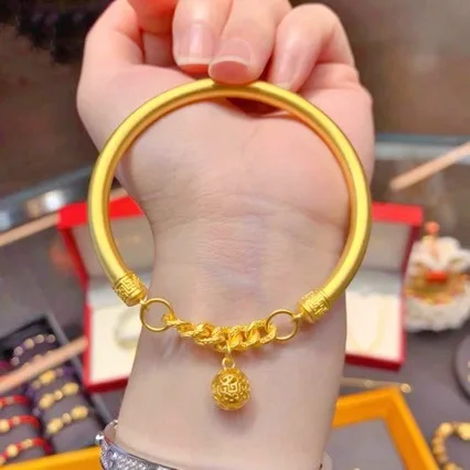 

AU999 gold bracelet ancient retro bracelet female internet celebrity bell 24K pure gold solid bracelet for girlfriend gift