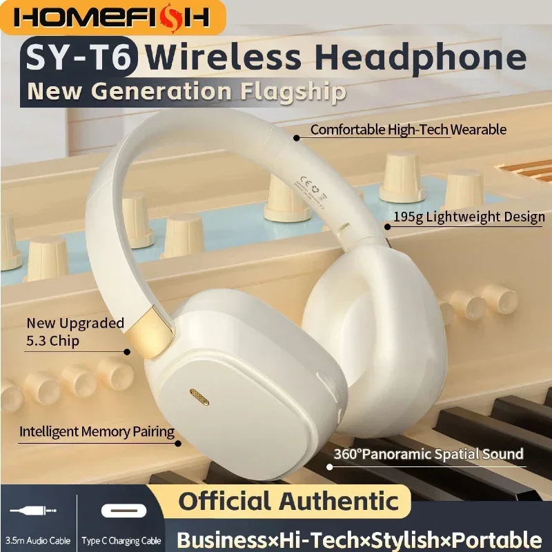 

Беспроводные наушники HOMEFISH SY-T6, легкие (195 г), накладные, с 40-мм Hi-Fi динамиком, 8 часов работы от батареи, подключение к двум устройствам