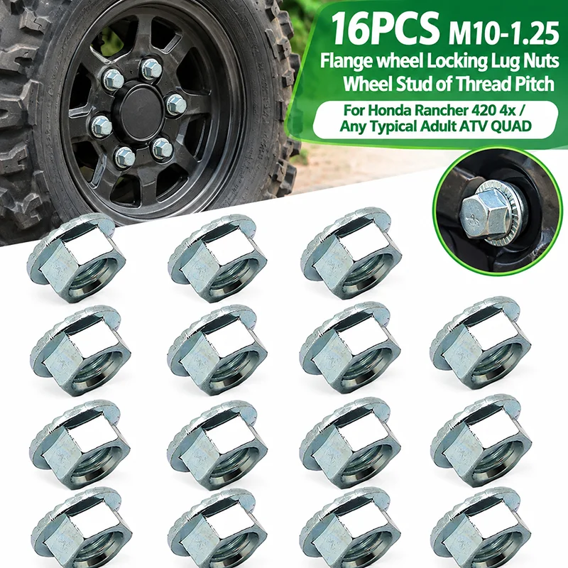 16PCS M10-1.25 Flange wheel Locking Lug Nuts Wheel Stud of Thread Pitch For Honda Rancher 420 4x / Any Typical Adult ATV QUAD