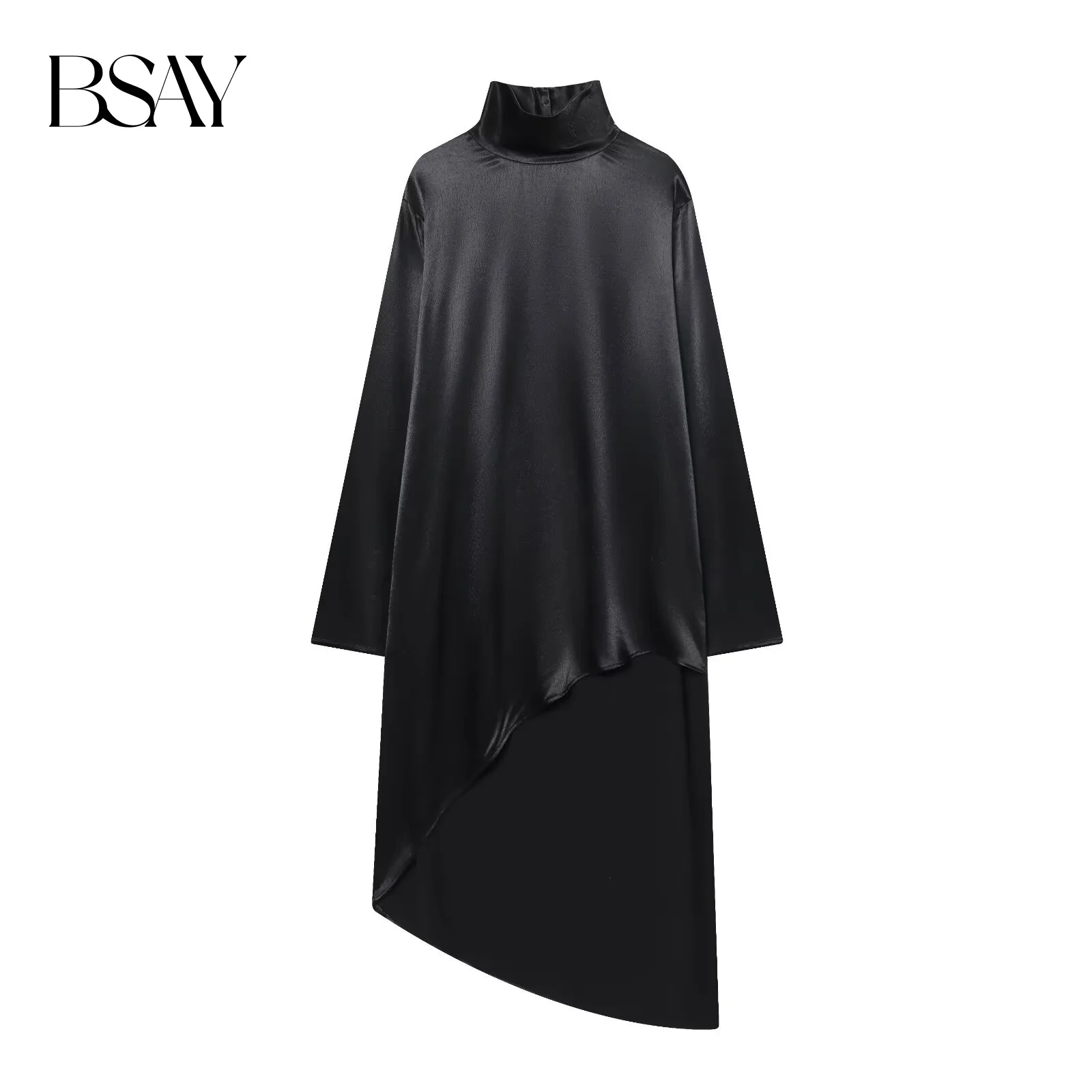 قميص طويل غير متماثل من BSAY للسيدات موضة خريف وشتاء جديد من الساتان الملمس وأكمام طويلة بلوزات ذات ياقة مدورة أنيقة للسيدات