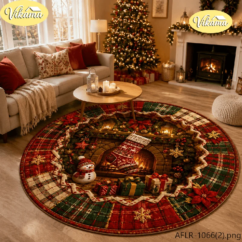 VIKAMA Christmas Mushroom Forest Quilted Round Area Rug Non Slip Durable Floor Mat for Bedroom Kitchen Holiday Home Decor