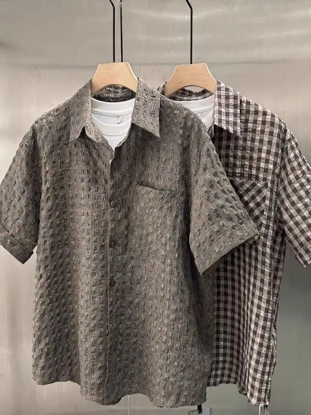 

Ретро японский свободный крой тонкий ort Sve irt для мужчин летний модный повседневный универсальный топ с клетчатым узором M