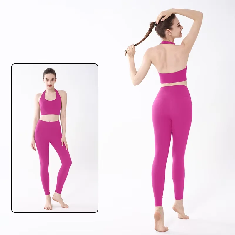 Women's 2 Piece Workout Sets Sexy Hanging Neck Breathable Yoga Vest High Elasticity Hip Lift Leggings Cycling Outdoor Sport Suit