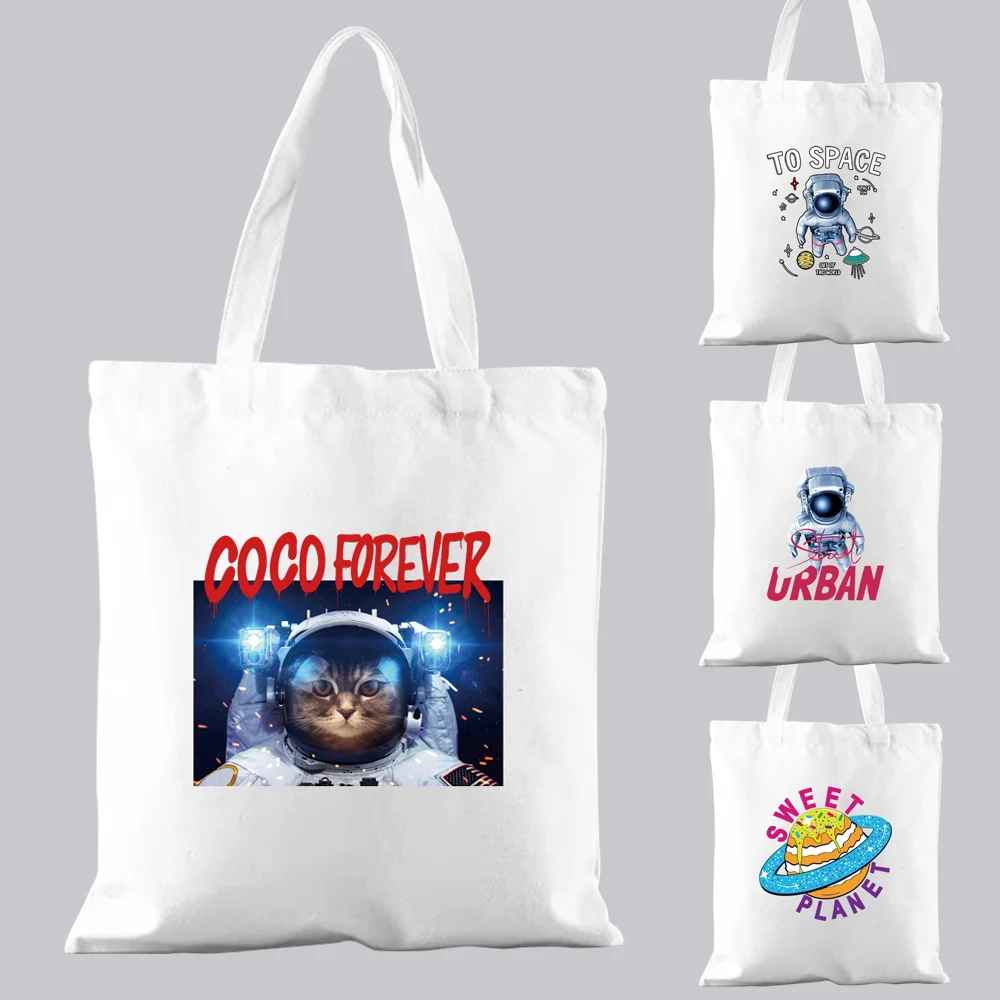 

Women's White Shopping Bag Casual Handbag Commuter Astronaut Pattern Printed Canvas One-shoulder Fashion Bag Tote Bag Reusable
