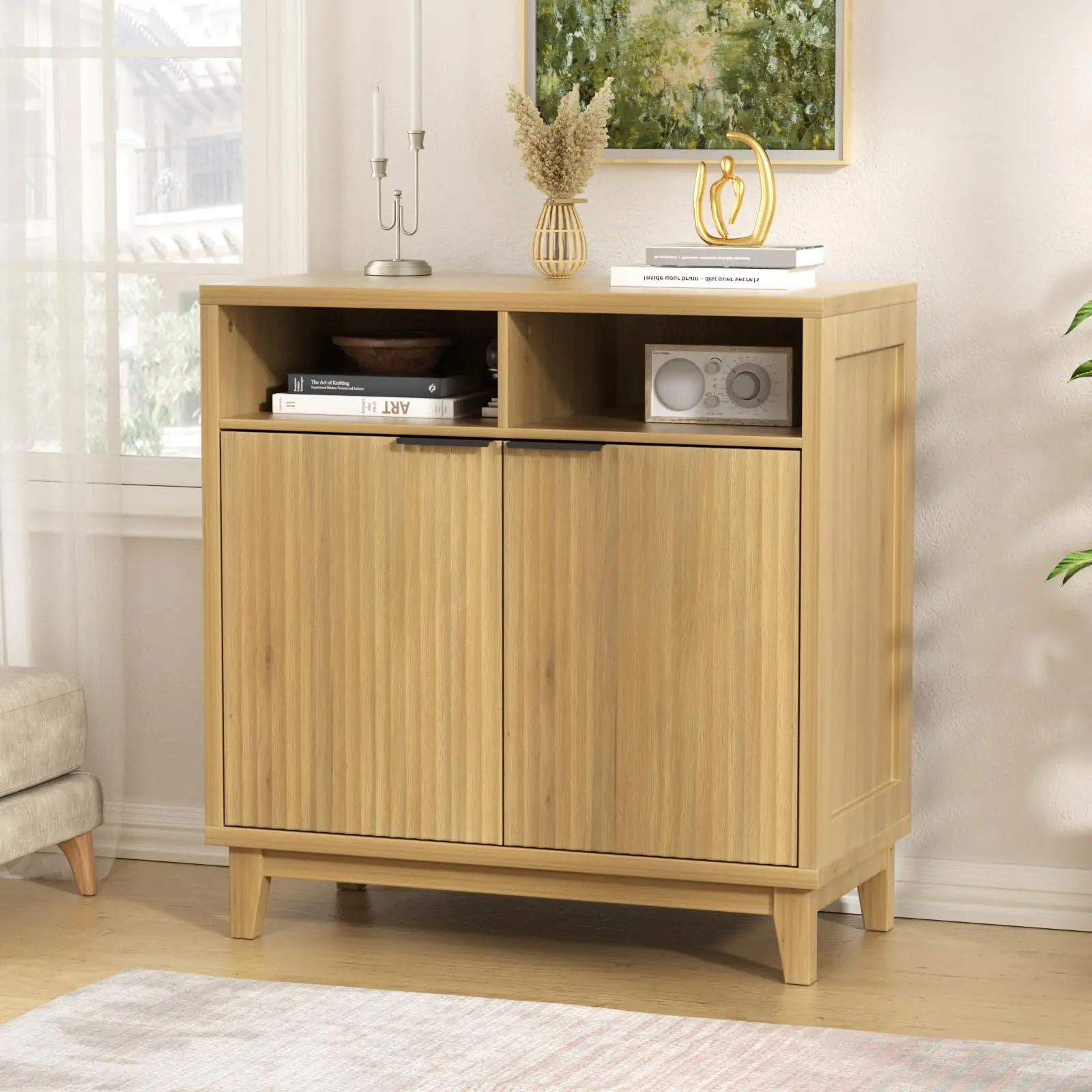 

Vabches Fluted Storage Cabinet with Adjustable Shelves&4 Solid Wood Legs Sideboard Buffet Cabinet for Living Room Dining Room