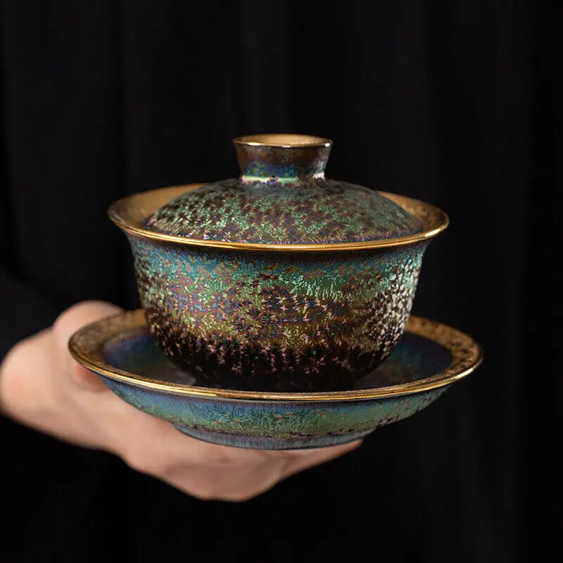 Ceramic Gilding Gaiwan Kiln Change Tureen Chinese Sancai Bowl With Saucer Lid