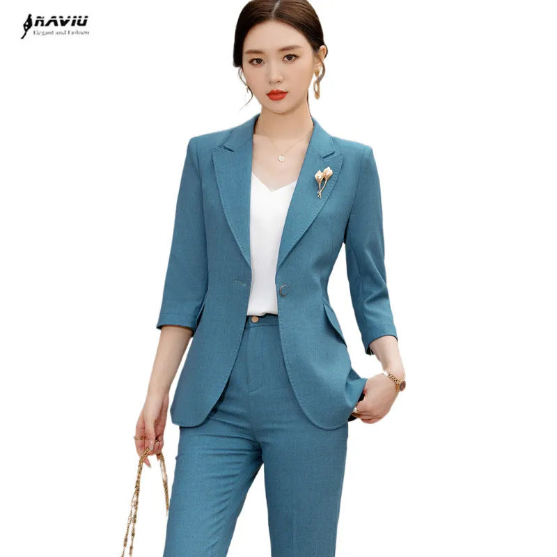 NAVIU Two Piecess Set Formal Work Career Blazer Coat With Pant Set Suit Blue Khaki Green Watermelon Red  Women Pant Suits