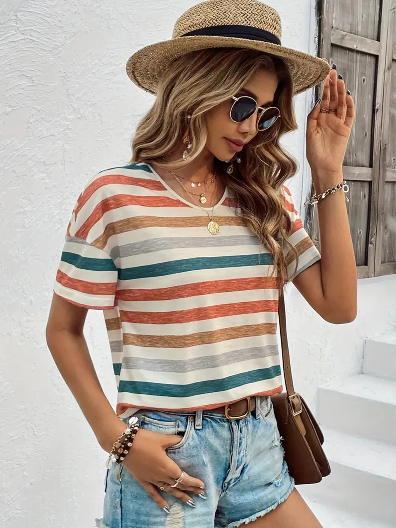 2024 temu pop stripes collide color round neck t-shirt women's casual elegant with a blouse