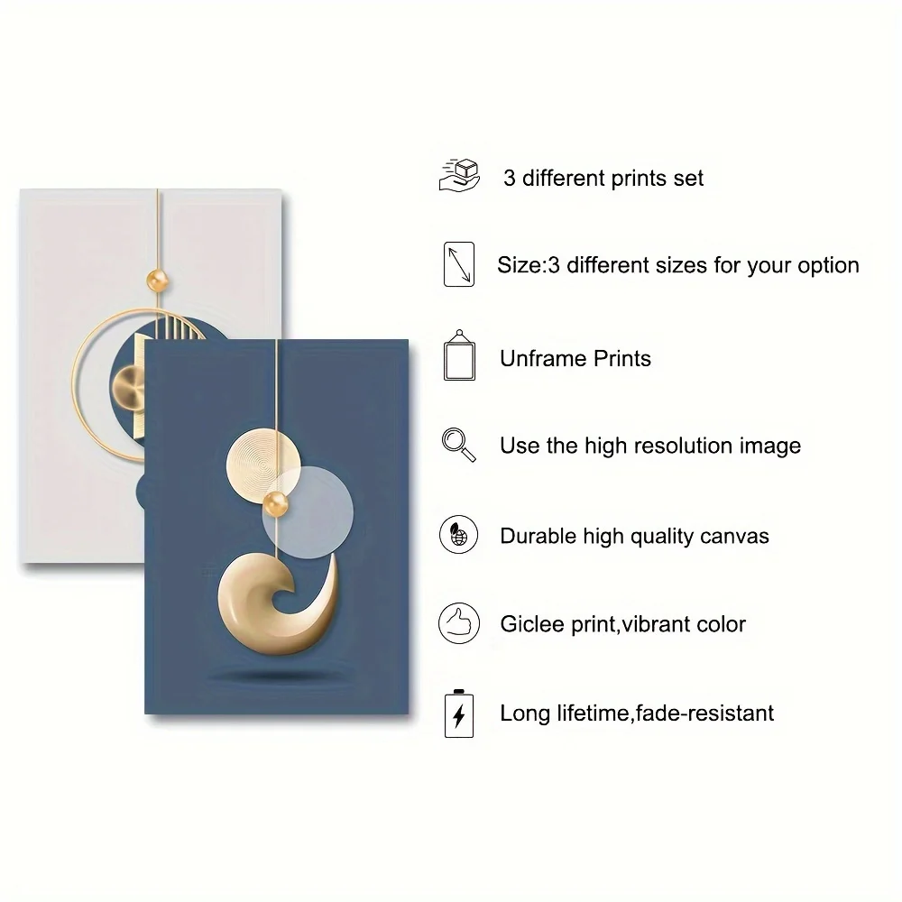 مجموعة من 3 لوحات فنية جدارية حديثة باللون الذهبي والأزرق وملصقات رسومات تجريدية بسيطة لديكور المنزل، وديكور غرفة المعيشة، وديكور المكتب