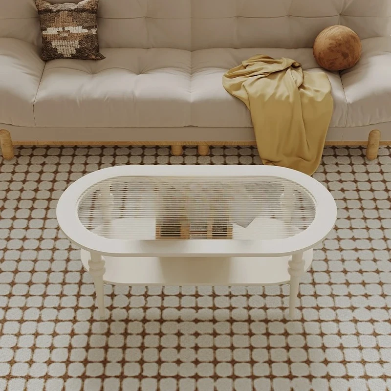 

JJFrench Кремовый стиль Овальный журнальный столик Стеклянный чайный столик Changhong из цельного дерева