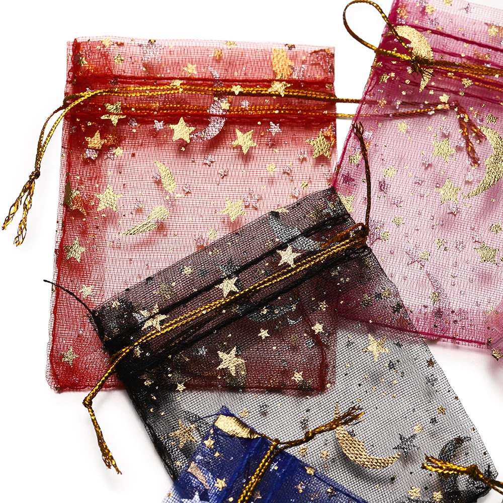 10 unids/lote, bolsa de Organza navideña con estampado de estrellas y Luna de varios tamaños, bolsas de embalaje con dijes con cordón, paquete de joyería diaria