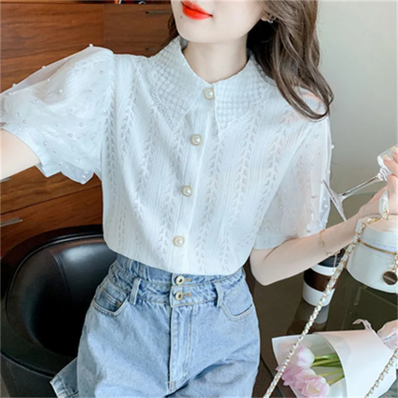 Fashion Lapel Beading Puff Sleeve Lace Oversized Shirt 2022 Summer New New Sweet Tops Loose Chic Female Clothing Commute Blouse