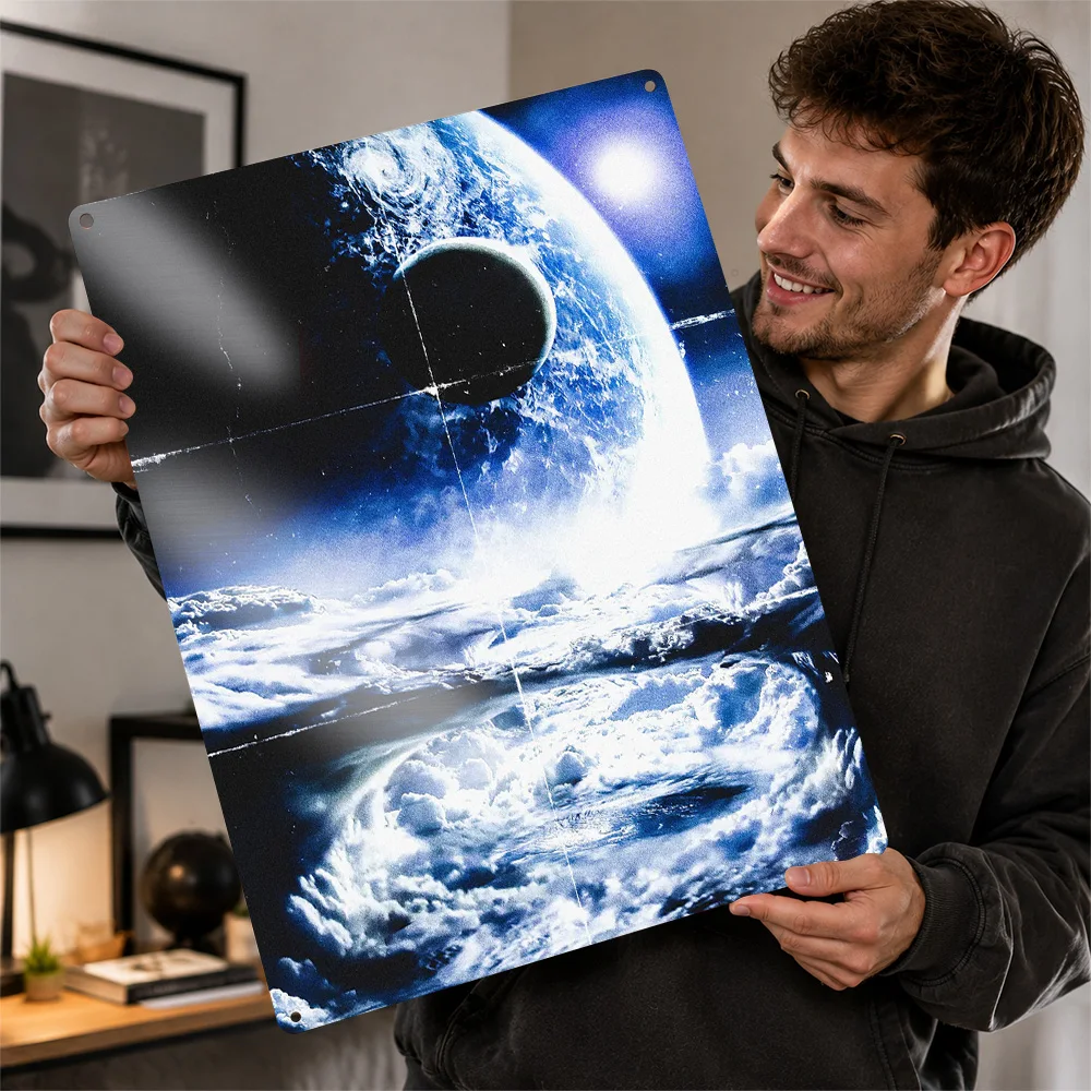 Cosmic Explosion Over Planet 3D Printed Texture Poster Personalized Wall Art Retro Metal Tin Signs for Bar Accessories Wand Deko