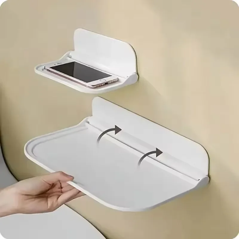 

1pc Foldable Wall-mounted Shelf, For Bathroom, Toilet, Kitchen, Bedside, No Drilling Phone Storage, Wifi Router Storage Racks