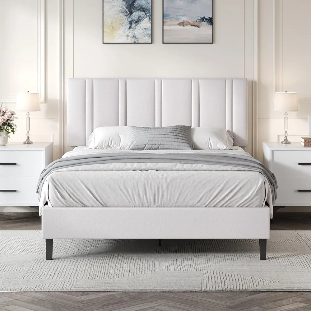 

Bed Frame with Headboard, Linen Fabric Upholstered Platform Bed Frame with Wooden Slats, Modern Style,, Customized